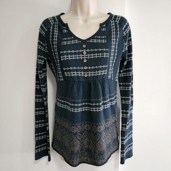 VTG The North Face Women's‎ Tunic Sz S  Teal Blue Fair Isle Wool Linen Logo Boho - Picture 1 of 8